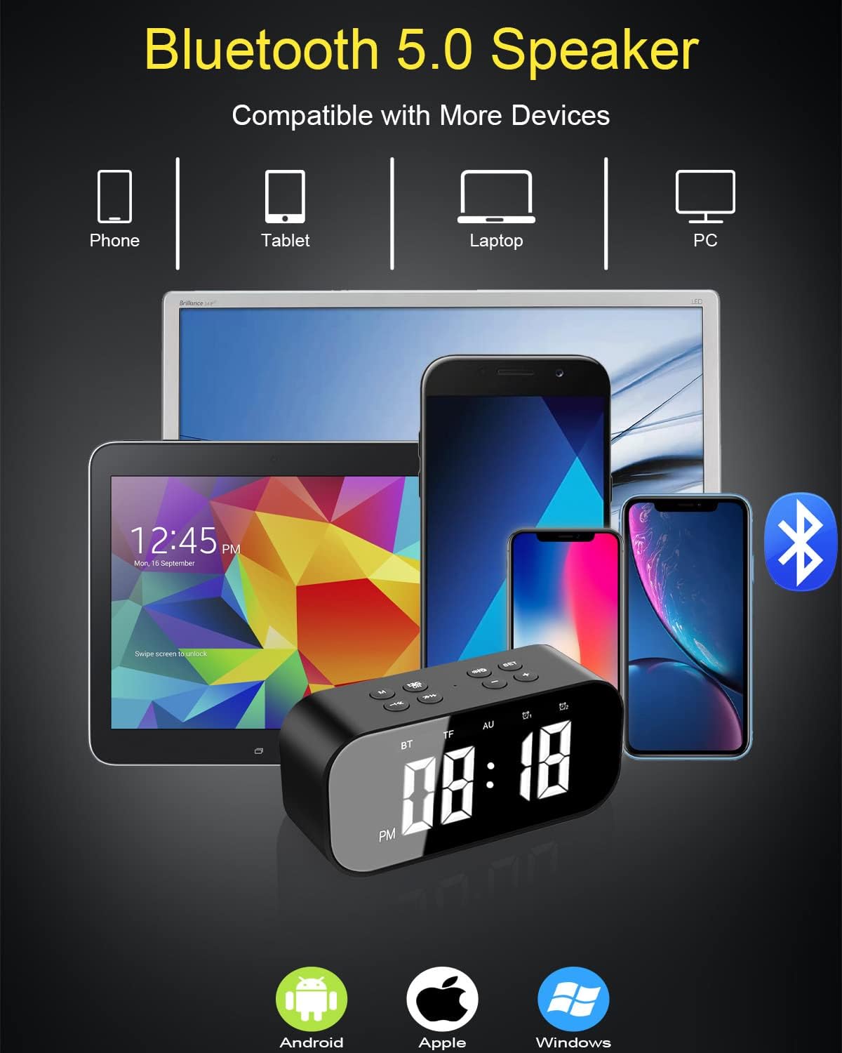 AFK Alarm Clock for Bedroom/Office,Digital Clock with Bluetooth Speaker,Small Alarm Clock for Heavy Sleepers Adults,Teens,Kids.