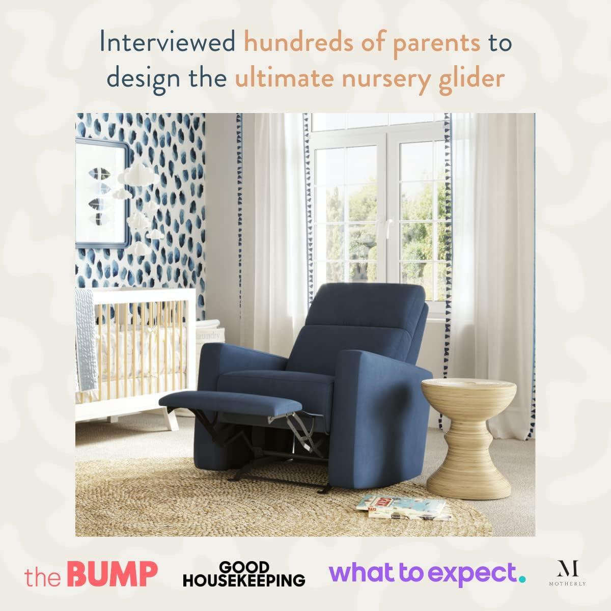 Nurture& The Glider Premium Power Recliner Nursery Glider Chair with Adjustable Head Support | Designed with a Thoughtful Combination of Function and Comfort | Built-in USB Charger (Navy)