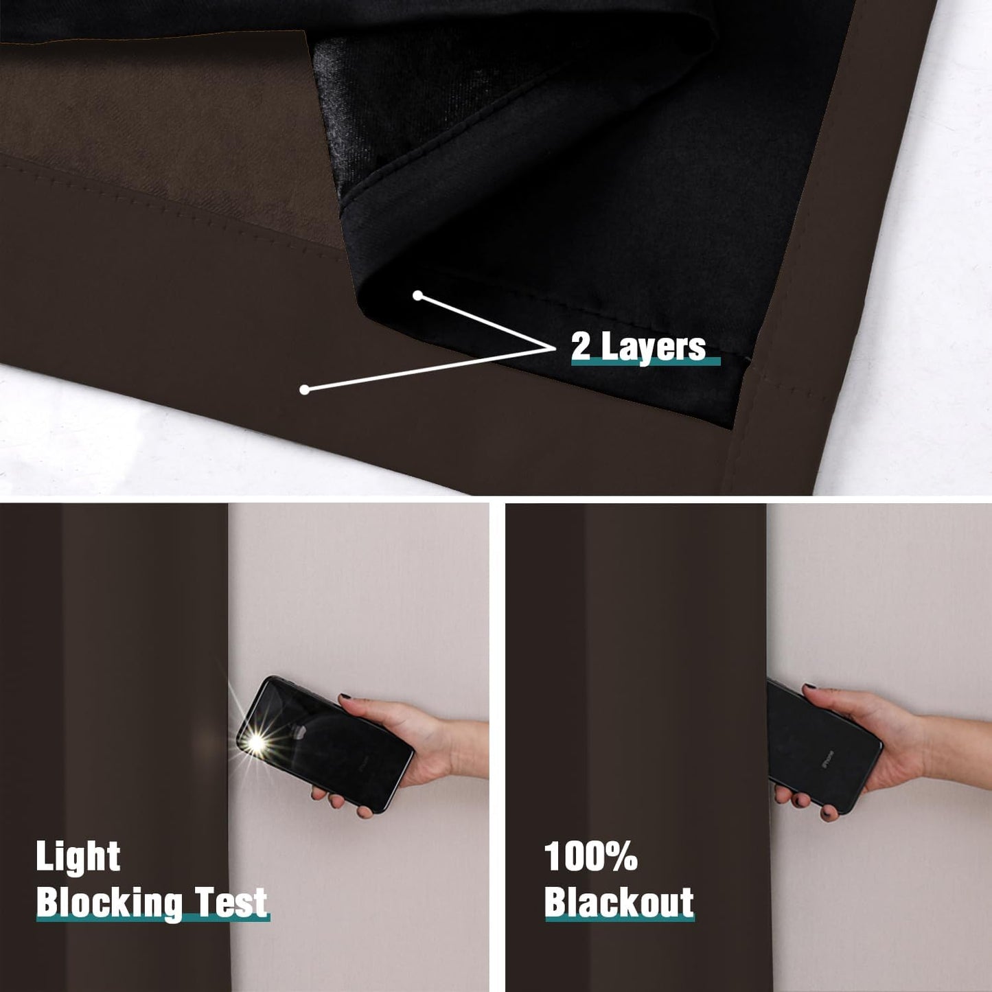 ChrisDowa 100% Blackout Curtains 90 inch Long for Bedroom with Black Liner, 2 Thick Layers Total Blackout Thermal Insulated Grommet Long Window Curtains 2 Panels Set (Brown, 52 x 90 Inch)