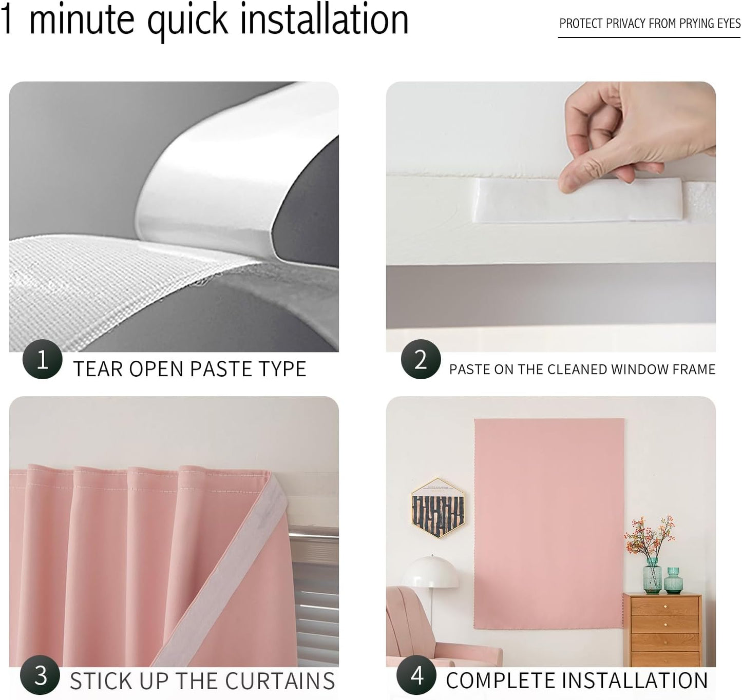 Self Adhesive Blackout Curtains- Stick on Curtains Shades Window Blinds Curtains No Rod Needed Easy to Hang Curtain, Use for Bedroom, Living Room,Roman Shades, 35" W X 59" L, Pink, 1 Panel