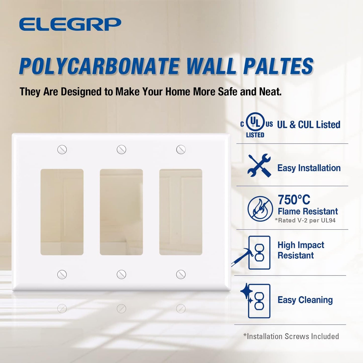 ELEGRP 3-Gang Decorative Wall Plates, Mid-Size 4.88" H x 6.75" L Unbreakable Thermoplastic Faceplate Cover for Decorator Receptacle Outlet Switch, UL Listed (10 Pack, Glossy White)