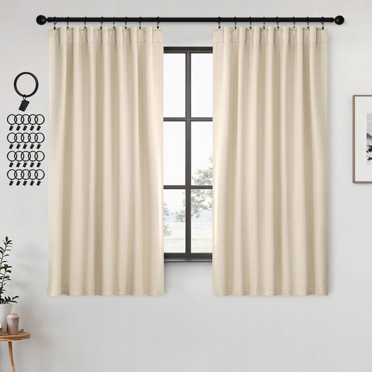 ANRODUO Back Tab Blackout Curtains for Bedroom Living Room, Rod Pocket Pinch Pleated Thermal Insulated Room Darkening Curtains 63 Inches Long 2 Panels, Cream Beige, 42 x 63 Inch