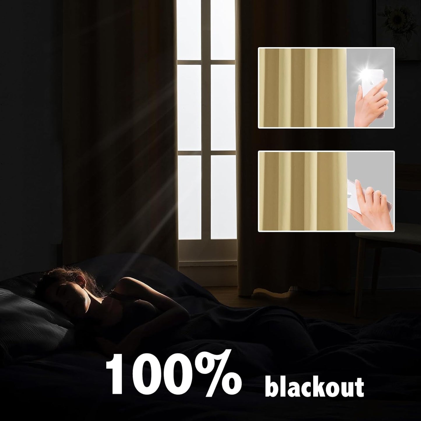 Anytime 100% Blackout Curtain Set, Thermal Insulated & Energy Efficiency Window Draperies for Guest Room, Full Shading Panels for Shift Worker and Light Sleepers（Beige, 2 Panels, 42W x 80L）