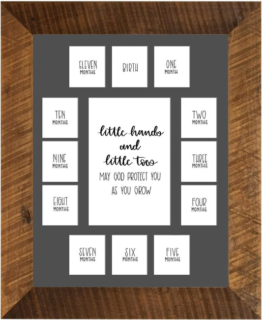 Rustic Red Door Co. Baby's First Year Picture Mat - Barnwood Frame - Little Hands and Little Toes Photo Collage - 13 Picture Slots - Newborn to One Year Birthday - Watch Your Baby Grow (Grey Mat)