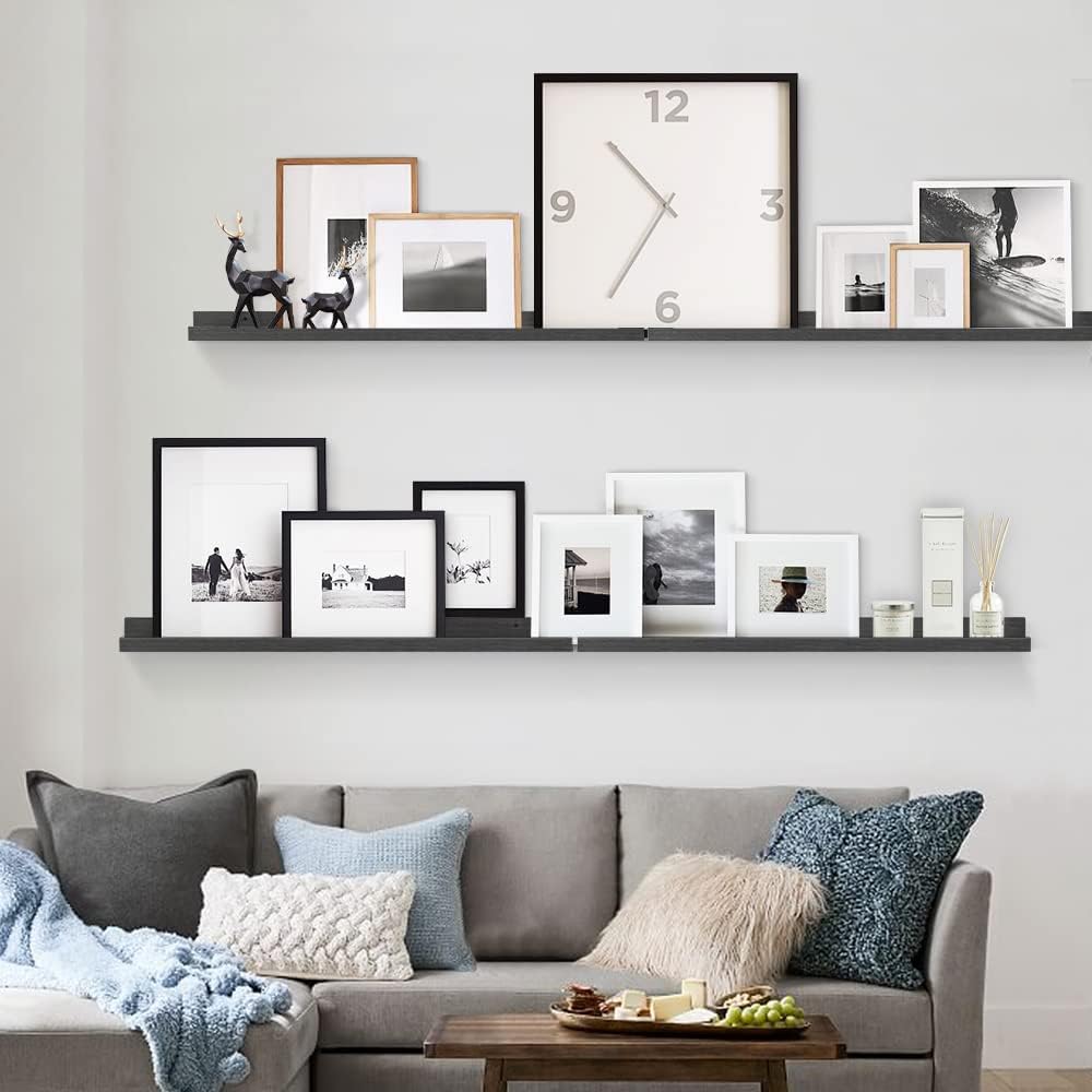 Forbena Black Photo Picture Ledge Shelf Set of 4, 36 Inch Floating Shelves with Lip for Wall, Narrow Wood Wall Shelf for Living Room Bedroom Office Album Frames Classroom Library, Conn 2 as 72 In Long