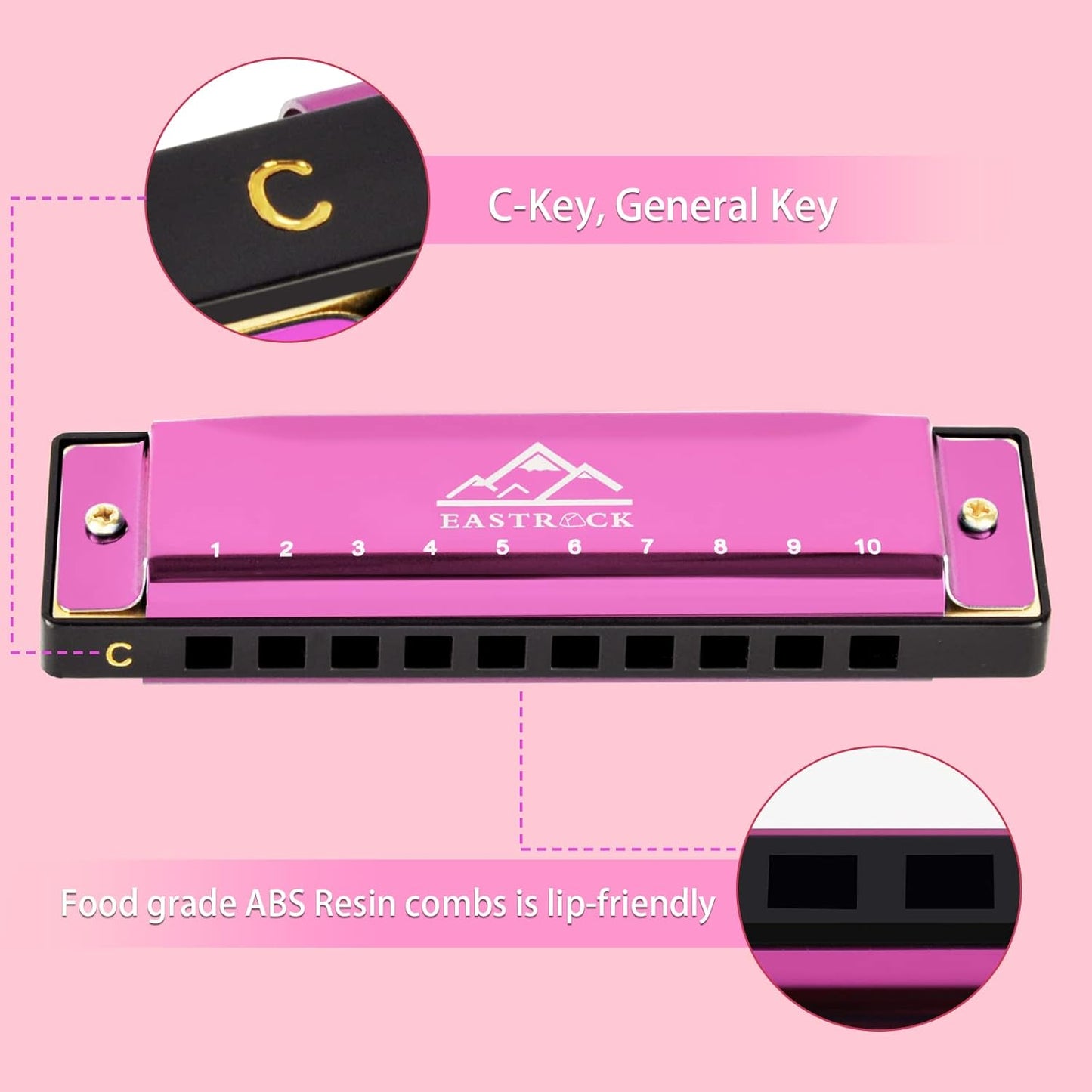 EastRock Blues Harmonica Mouth Organ 10 Hole C Key with Case, Diatonic Harmonica for Professional Player, Beginner, Students gifts, Adult, Friends, Gift(Pink）)