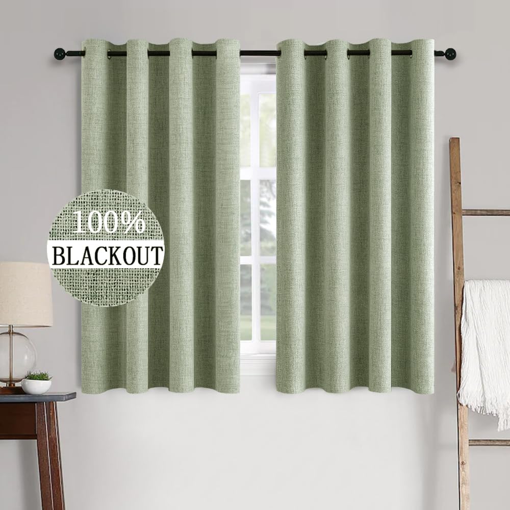 MIULEE Linen Texture Curtains for Bedroom Solid 100% Blackout Thermal Insulated Sage Green Curtains Grommet Room Darkening Drapes for Living Room Nursery 52x54 Inch (2 Panels)