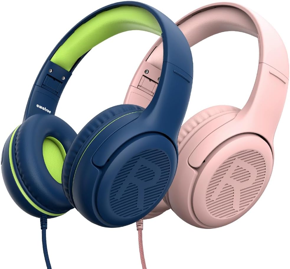 Kids Headphones Wired Toddler Headphones with Microphone, Over-Ear Headphones, 85/94dB Volume-Limiting, 3.5mm Jack, Foldable On-Ear Design (Bluegreen+Pink)