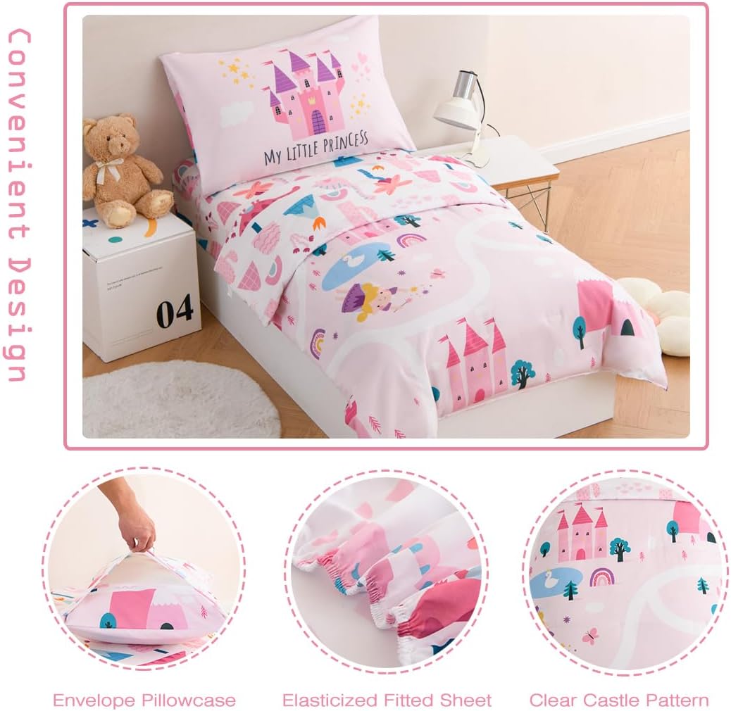 PERFEMET 4 Pieces Girls Toddler Bedding Set Pink Castle Fairy Tales Toddler Comforter Set Reversible Colorful Rainbow Princess Printed Toddler Bed Set with Sheets(Pink, Castle)