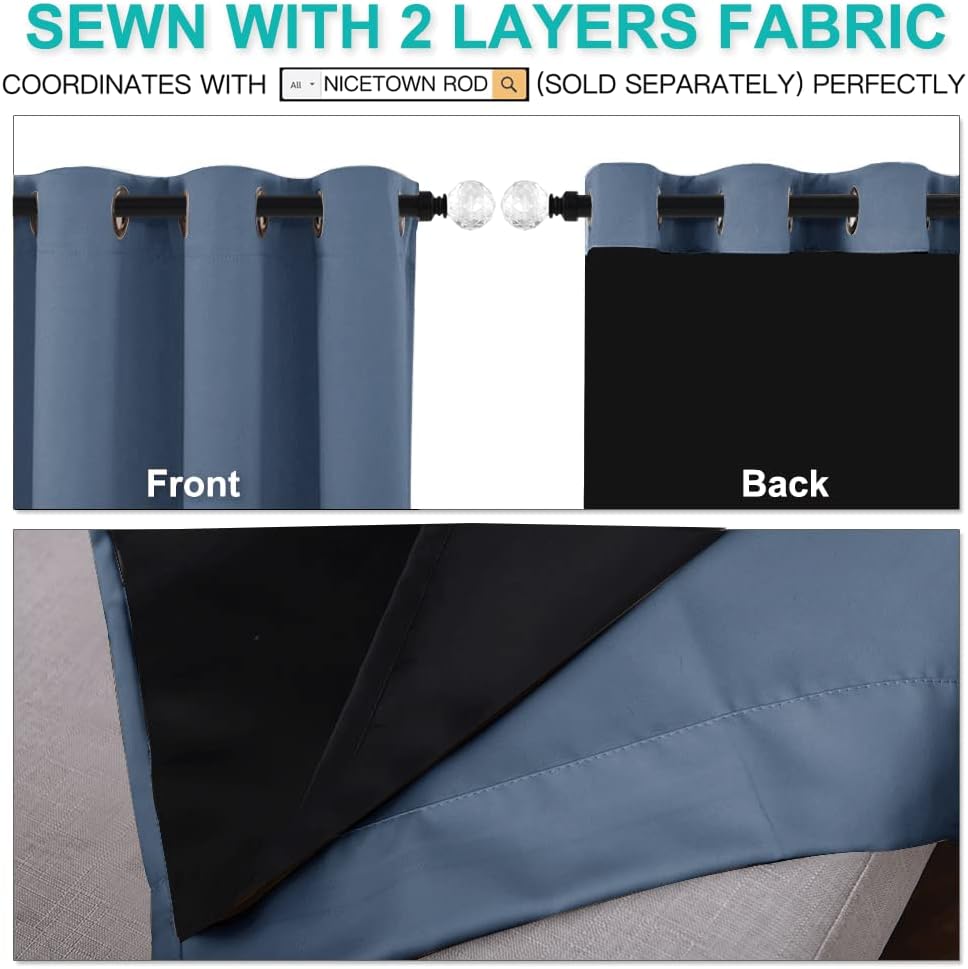 NICETOWN 100% Blackout Curtains 95 inches Long, Pair of Energy Smart & Noise Blocking Out Drapes for Baby Room Window, Thermal Insulated Guest Room Lined Window Dressing (Stone Blue, 62 inches Wide)