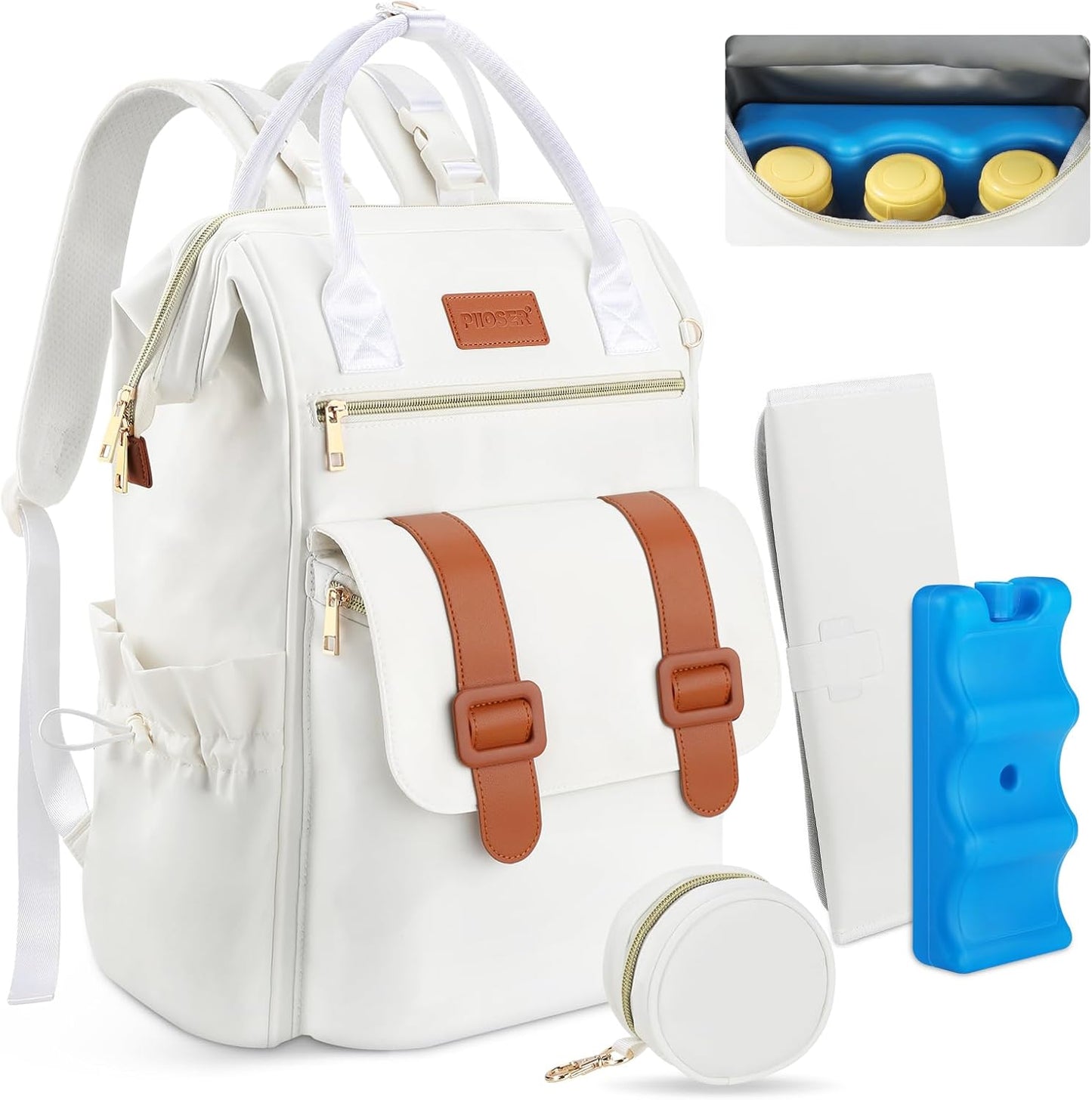 PIIOSER Diaper Bag Backpack with Ice Pack, Large Capacity & Waterproof Convertible Diaper Bag Tote for Moms Dads, Insulated Baby Tote Bag with Changing Pad, Stroller Straps & Pacifier Case, Cream