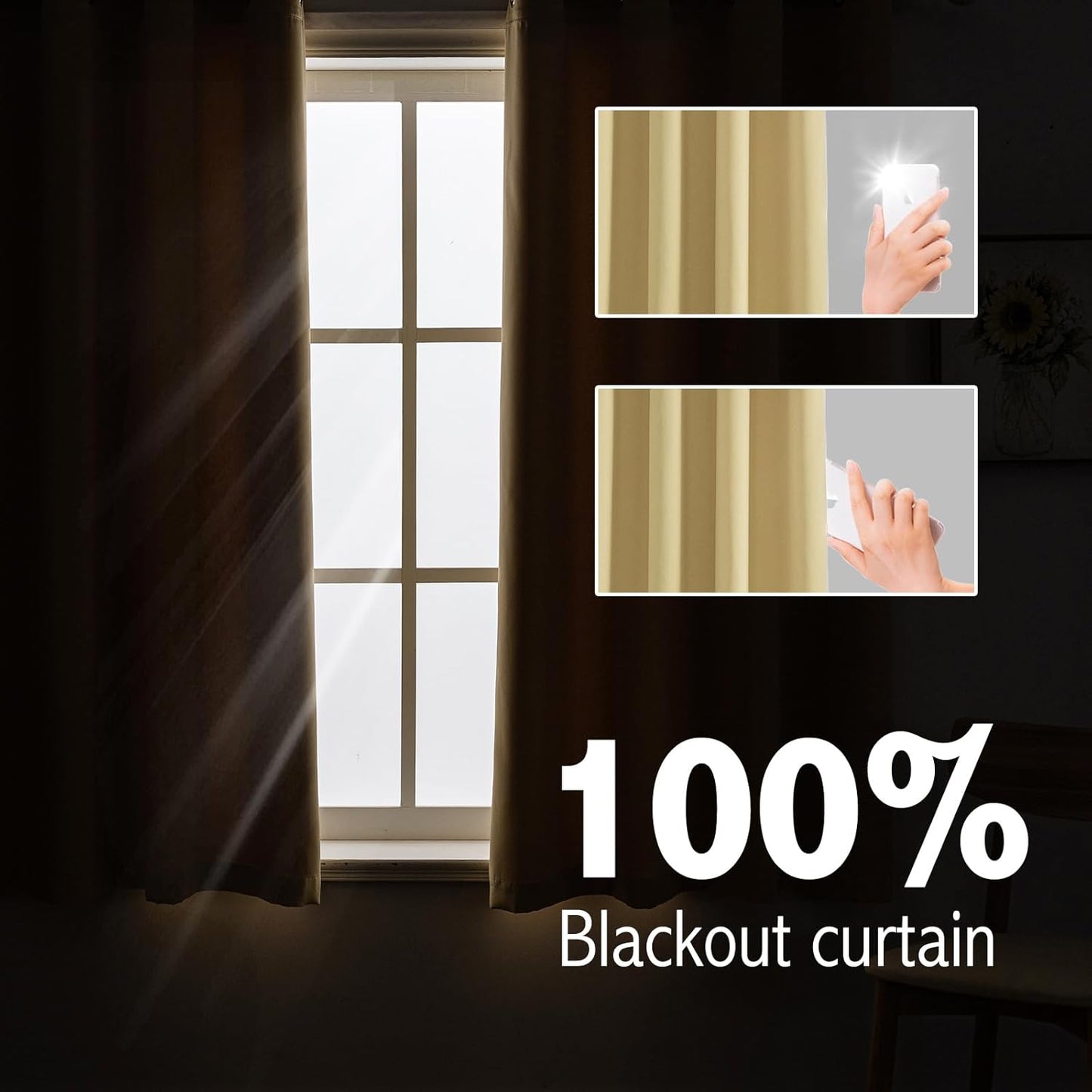 Anytime 100% Blackout Curtain Set, Thermal Insulated & Energy Efficiency Window Draperies for Guest Room, Full Shading Panels for Shift Worker and Light Sleepers（Beige, 2 Panels, 42W x 54L）