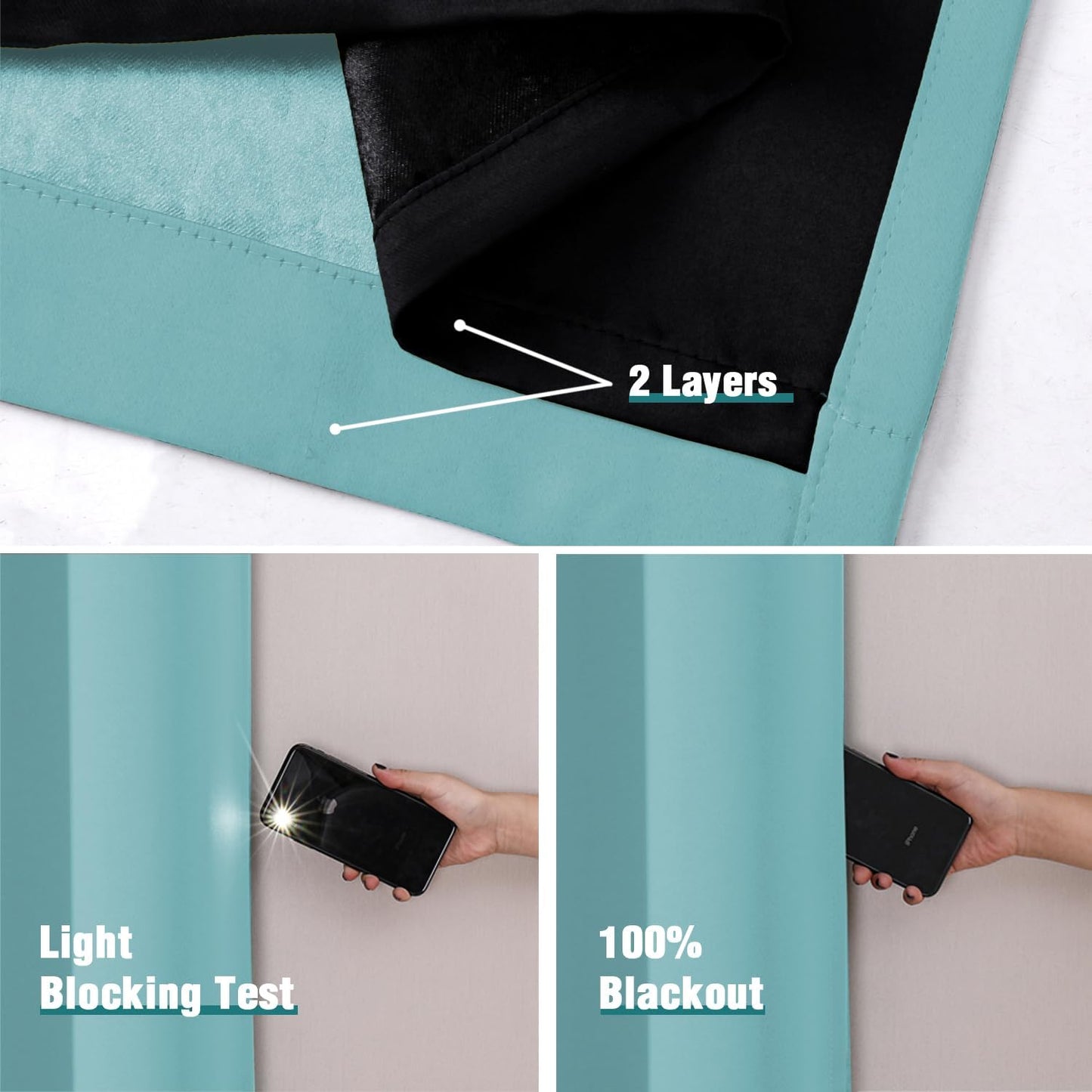 ChrisDowa 100% Blackout Curtains 80 inch Long for Bedroom with Black Liner, 2 Thick Layers Total Blackout Thermal Insulated Grommet Window Curtains 2 Panels Set (Aqua, 52 x 80 Inch)