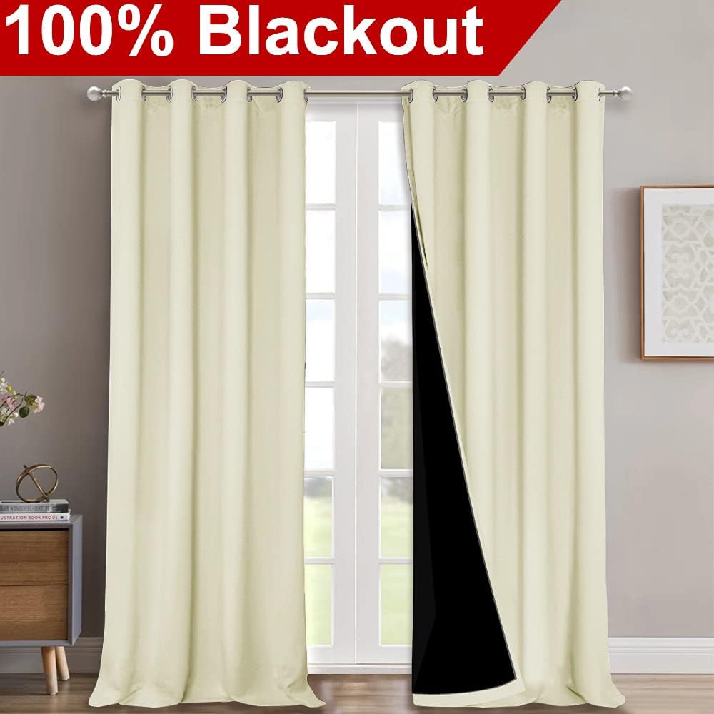 NICETOWN Full Shading Curtains 90 inches Long 2 Panels Set for Windows, Super Heavy-Duty Black Lined Blackout Curtains for Bedroom, Privacy Assured Window Treatment (Beige, Pack of 2, 52 inches W)