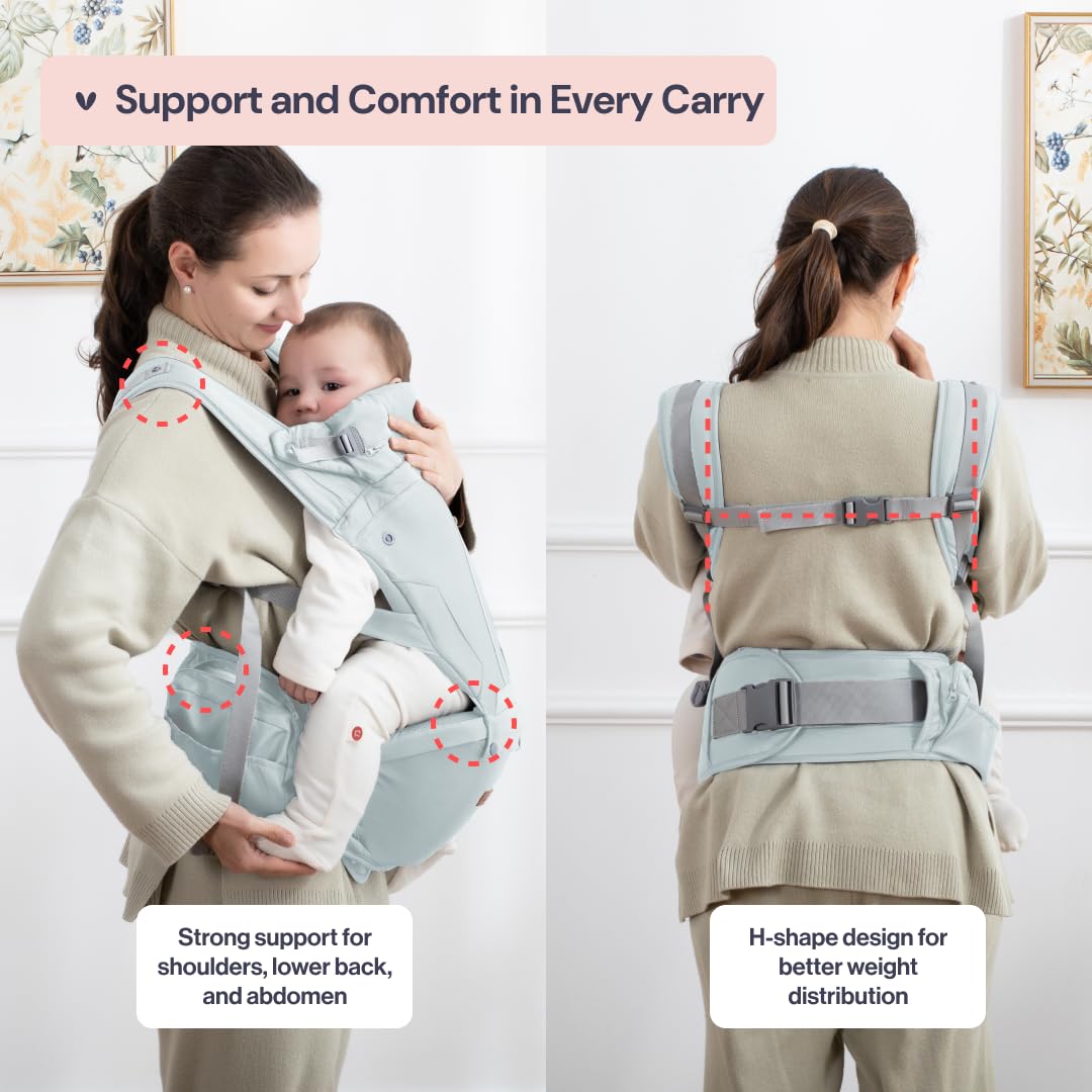 BabbleRoo Grow Carrier – Safety-Certified 6-in-1 Baby Carrier with Hip Seat, Ergonomic & Adjustable Toddler Carrier 7-50 lbs with Hip Support, Hood for Sun Protection, Newborn to Toddler, Seafoam