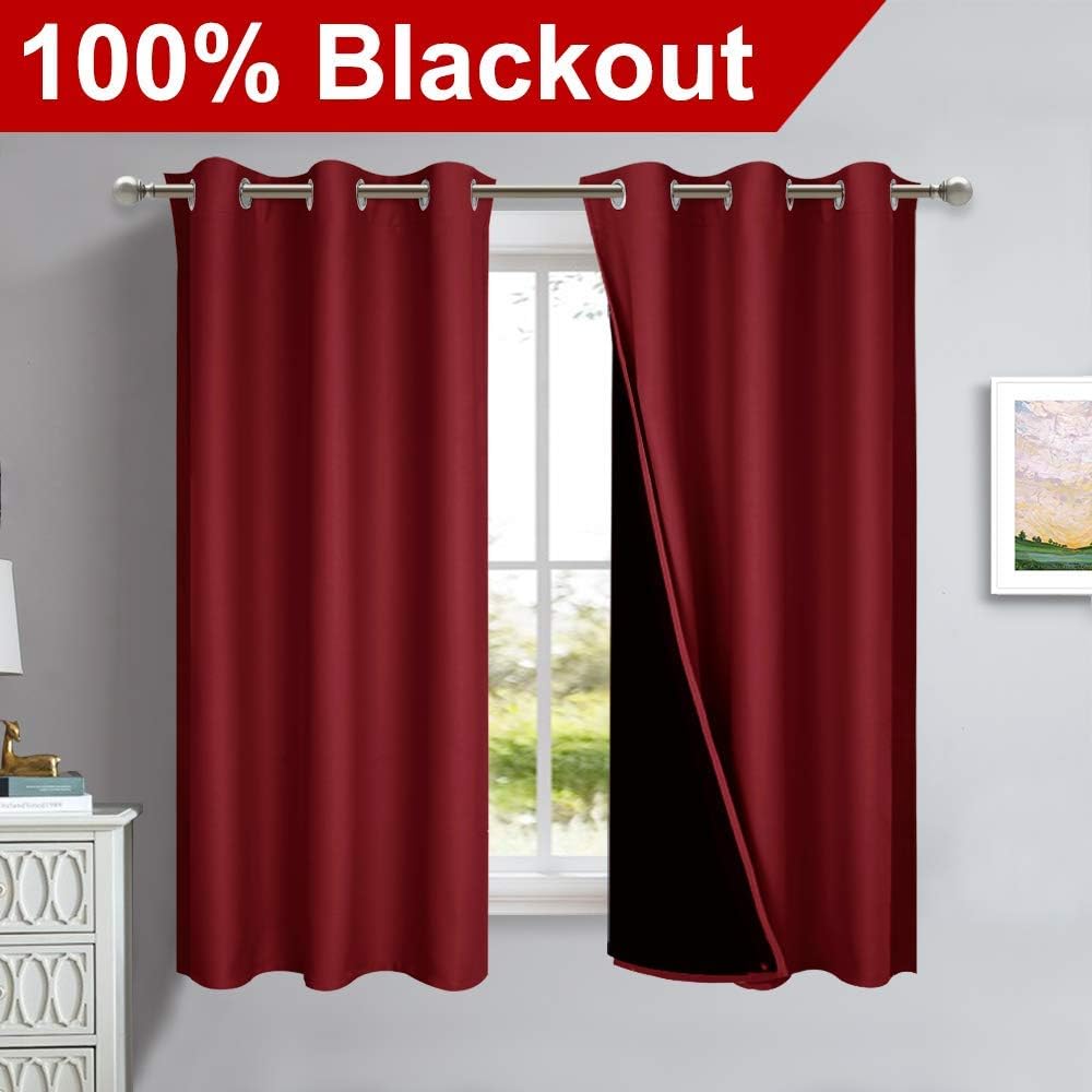 NICETOWN 100% Blackout Curtains 54 inches Long, Burgundy Red, 1 Pair, 42 inches Width Each Panel, Double-Deck Completely Blackout Window Treatment Thermal Insulated Lined Drapes for Small Window
