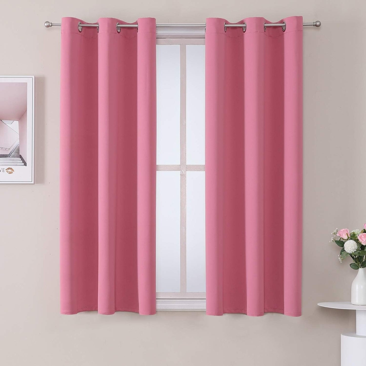 ChrisDowa Small Window Curtains 40 inches Long for Bedroom - Grommet Short Thermal Insulated Room Darkening Curtains for Kitchen (2 Panels, Pink, 29 x 40 Inch)
