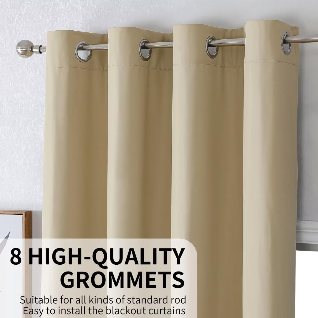 Joydeco 100% Beige Black Out Curtains 96 Inches Long 2 Panels Set, Blackout Curtains 96 Inches Long for Bedroom Windows, Solid Thermal Insulated 96 Inch Black Out Drapes 2 Panels for Livingroom