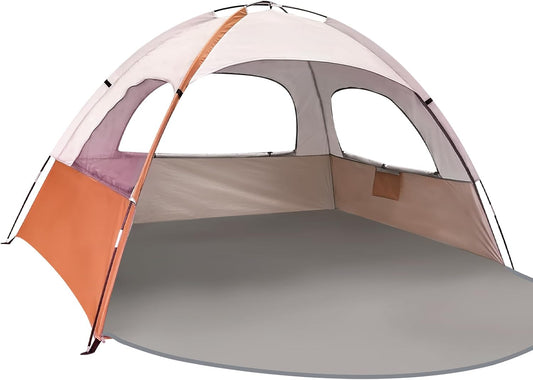 NXONE Beach Tent Sun Shade Shelter for 3/4/6 Person Person with UV Protection, Extended Floor, 3 Mesh Roll Up Windows & 8.0/8.5mm Fiberglass Rods丨Carry Bag Included