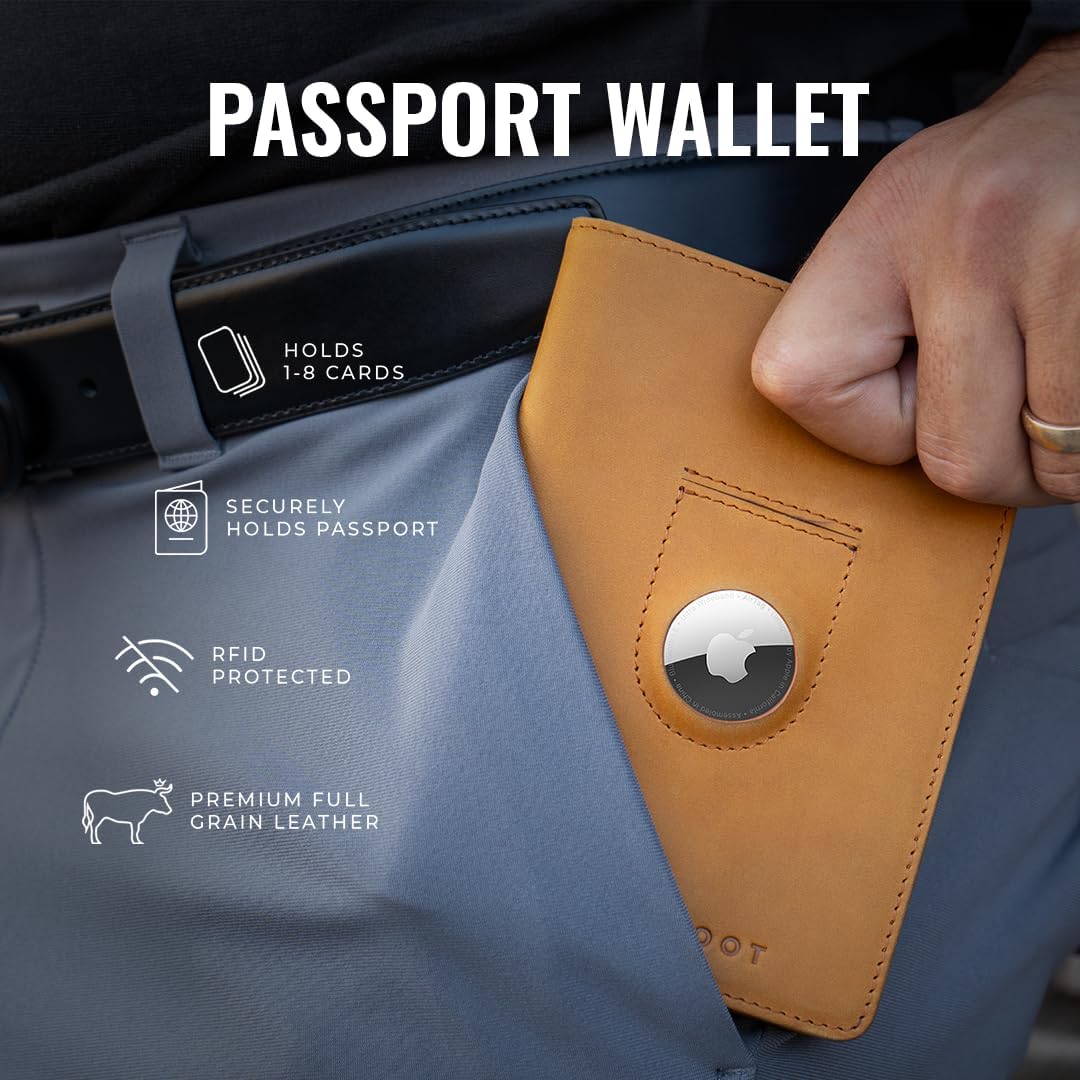 Kings Loot Passport Holder Wallet | RFID Blocking Leather Travel Wallet with Built-in Airtag Holder | Holds 1-6 Cards & Passport | Easy Pull Tab | Travel Wallets (Cognac)