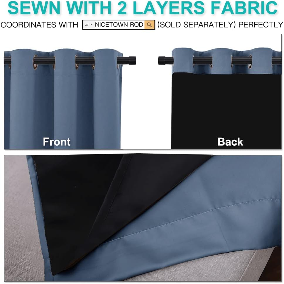 NICETOWN 100% Blackout Curtains with Black Liners, Thermal Insulated Full Blackout 2-Layer Lined Drapes, Energy Efficiency Window Draperies for Bedroom (Stone Blue, 2 Panels, 52-inch W by 63-inch L)