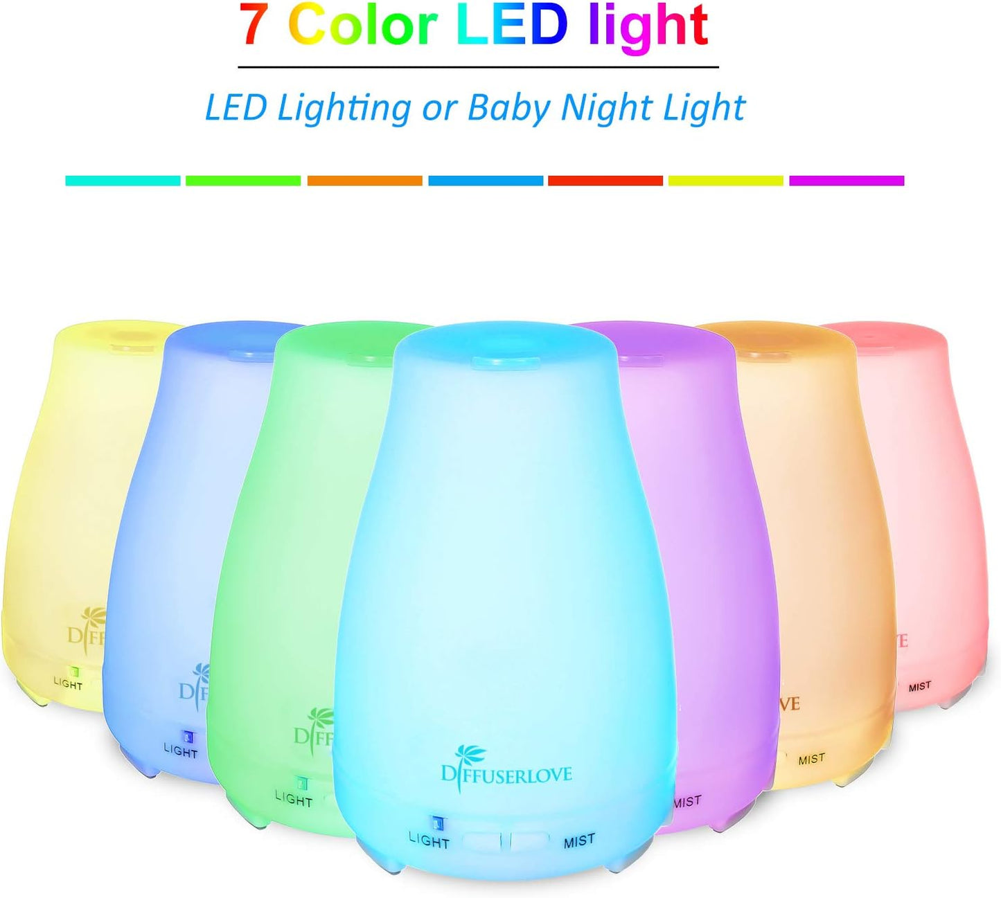 Diffuserlove 2 Pack 200ml Essential Oil Diffuser Ultrasonic Aromatherapy Diffuser Cool Mist Humidifiers with 7 Color LED Lights & Waterless Auto Shut-Off for Home Office Kitchen Bedroom