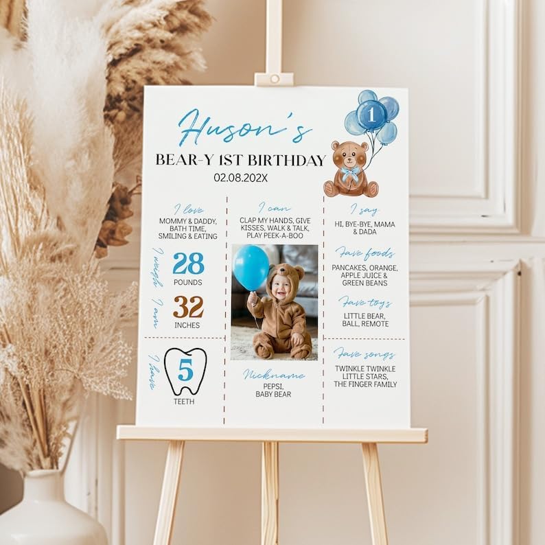 Generic Personalized Beary First Birthday Milestone Poster, Teddy Bear Photo Milestone Sign, Boho Bear Blue Party Stats Board, Design 06