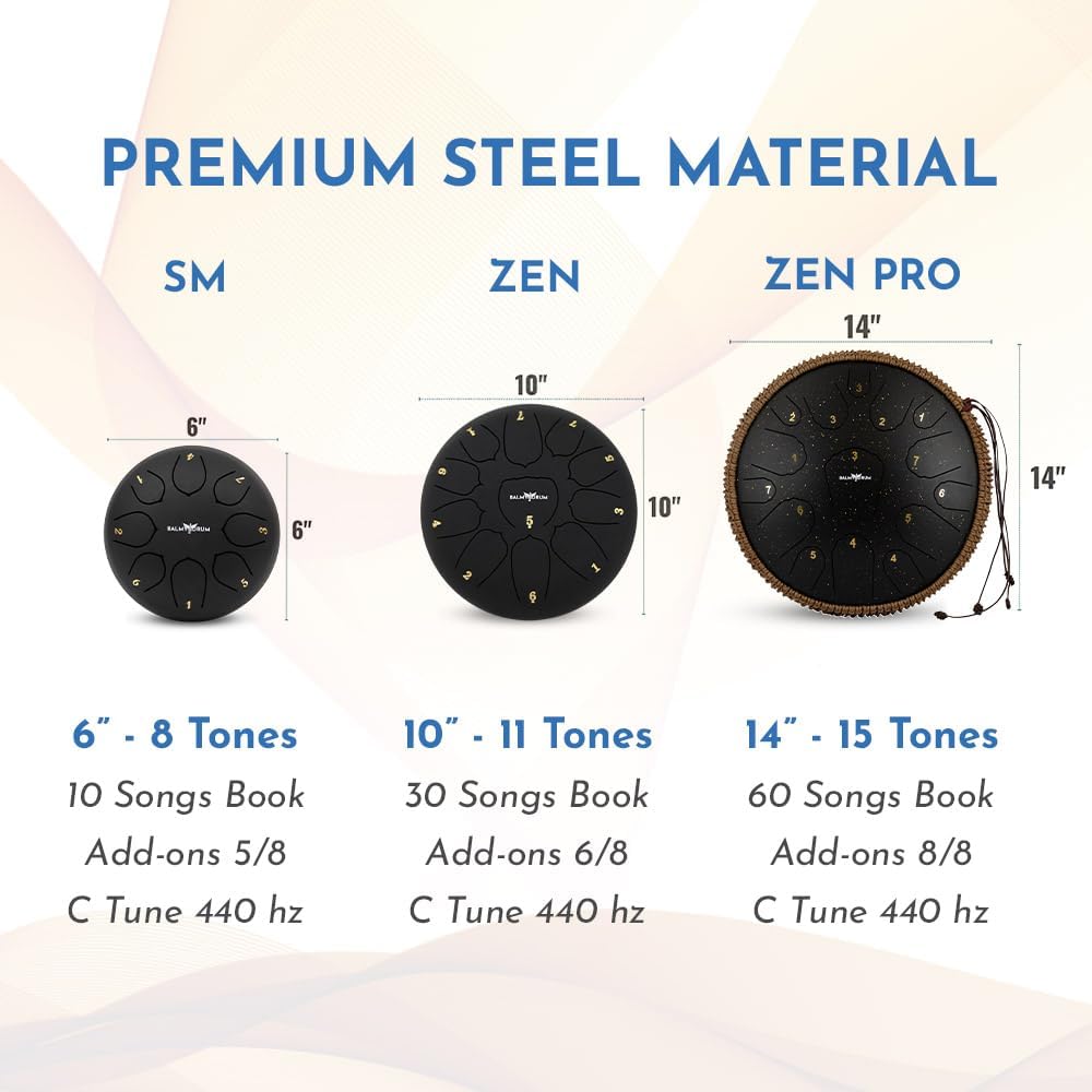 The Balmy Drum - 15 Note 14 Inch Steel Tongue Drum, Steel Drum Instrument, Drums For Children and Adults, Balmy Drum Set for Kids with Music Book, Handpan, Mallet and Carry Bag (Black)