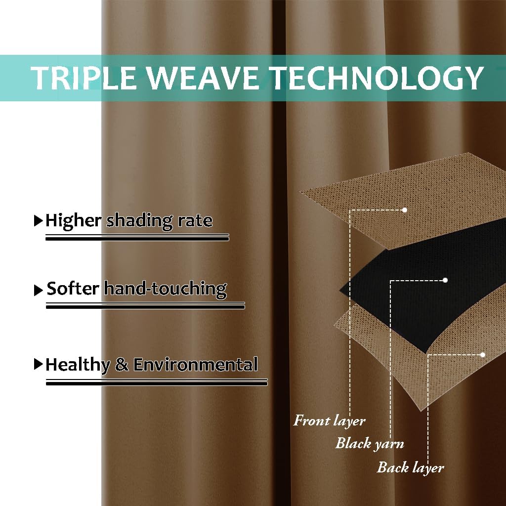 NICETOWN 100% Blackout Short Curtains with Black Liners, 2 Panels, 37" W by 60" L, Gold Brown, Solid Thermal Insulated Full Blackout 2-Layer Lined Drapes, Energy Efficiency Window Drapes for Bedroom
