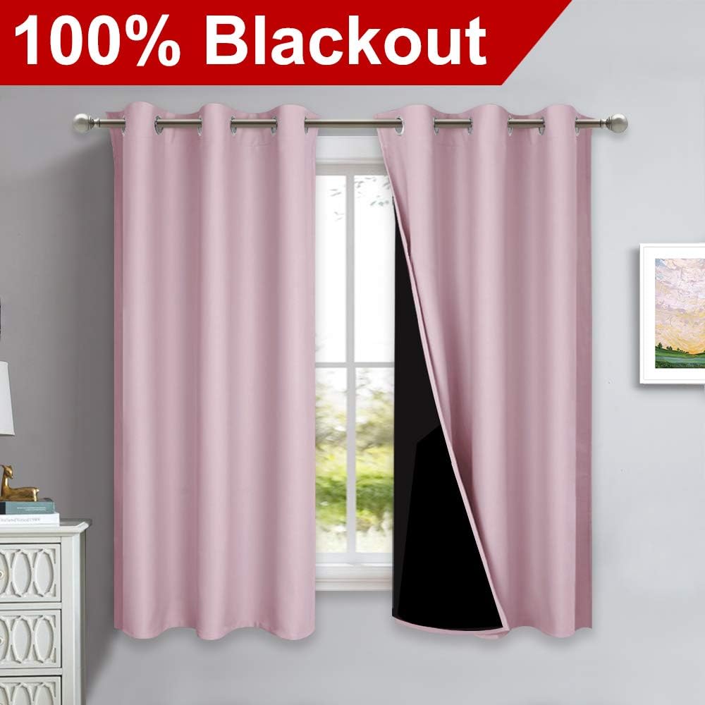 NICETOWN 100% Blackout Curtains 45 inches Long, 1 Pair, Baby Pink, 42 inches Width Each Panel, 2 Thick Layers Completely Blackout Window Treatment Thermal Insulated Lined Drapes for Small Window