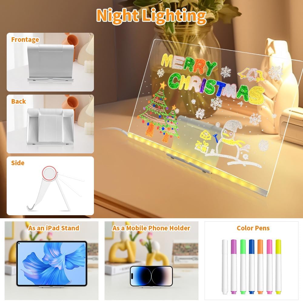 LED Note Board with Colors, 7 Colors Acrylic Message Board with Light, LED Drawing Board Gifts for Kids, Dry Erase Board with Adjustable Stand for Office School Home Decor (5.9 * 5.9 in)