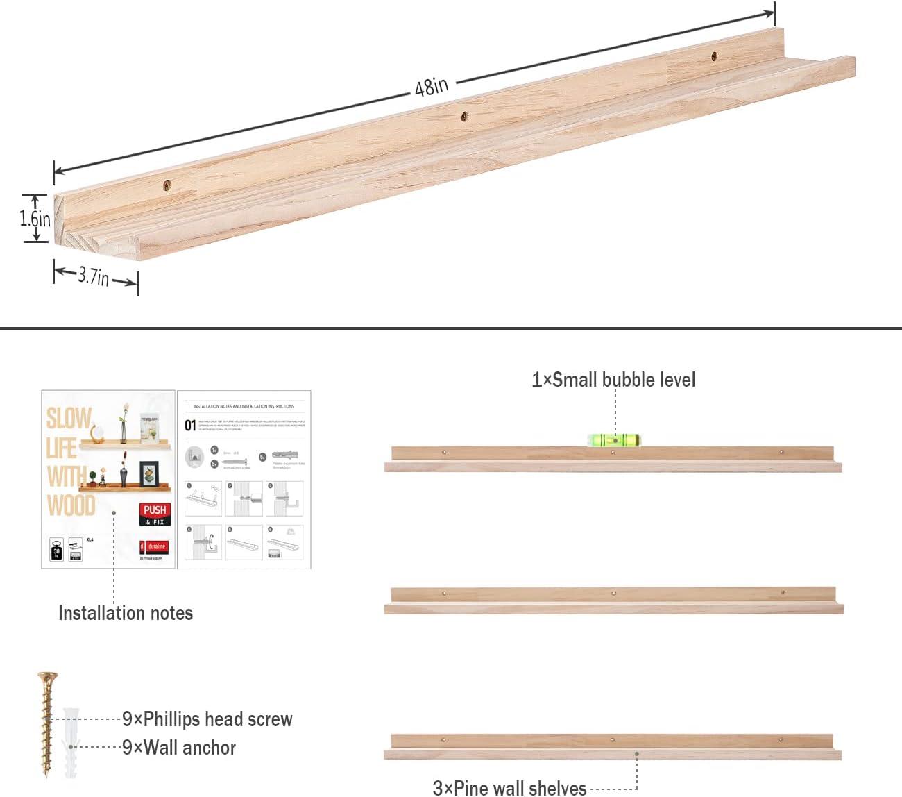 AZSKY 48 Inch Long Narrow Floating Shelves for Wall Storage Rustic Natural Wood Wall Shelf for Wall Décor Wall Bookshelf for Kids Room Picture Ledge Shelf a Set of 3