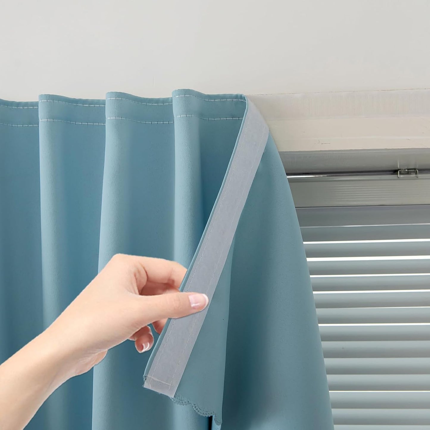 Self Adhesive Curtains, Black Out Shade for Window, Blackout Fabric Temporary Window Coverings Easy to Hang Curtains No Rod Needed, Use for Bedroom, Room, Kitchen, 59" W X 84" L, Lake Blue, 1 Panel
