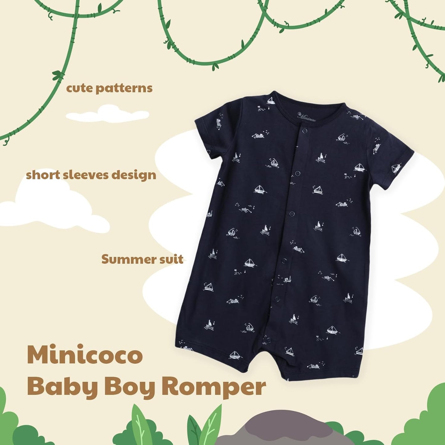 3-Pack 100% Cotton Baby Boy Rompers,0-24Months Short Sleeve Toddler Romper,Breathable Spring/Summer Clothes