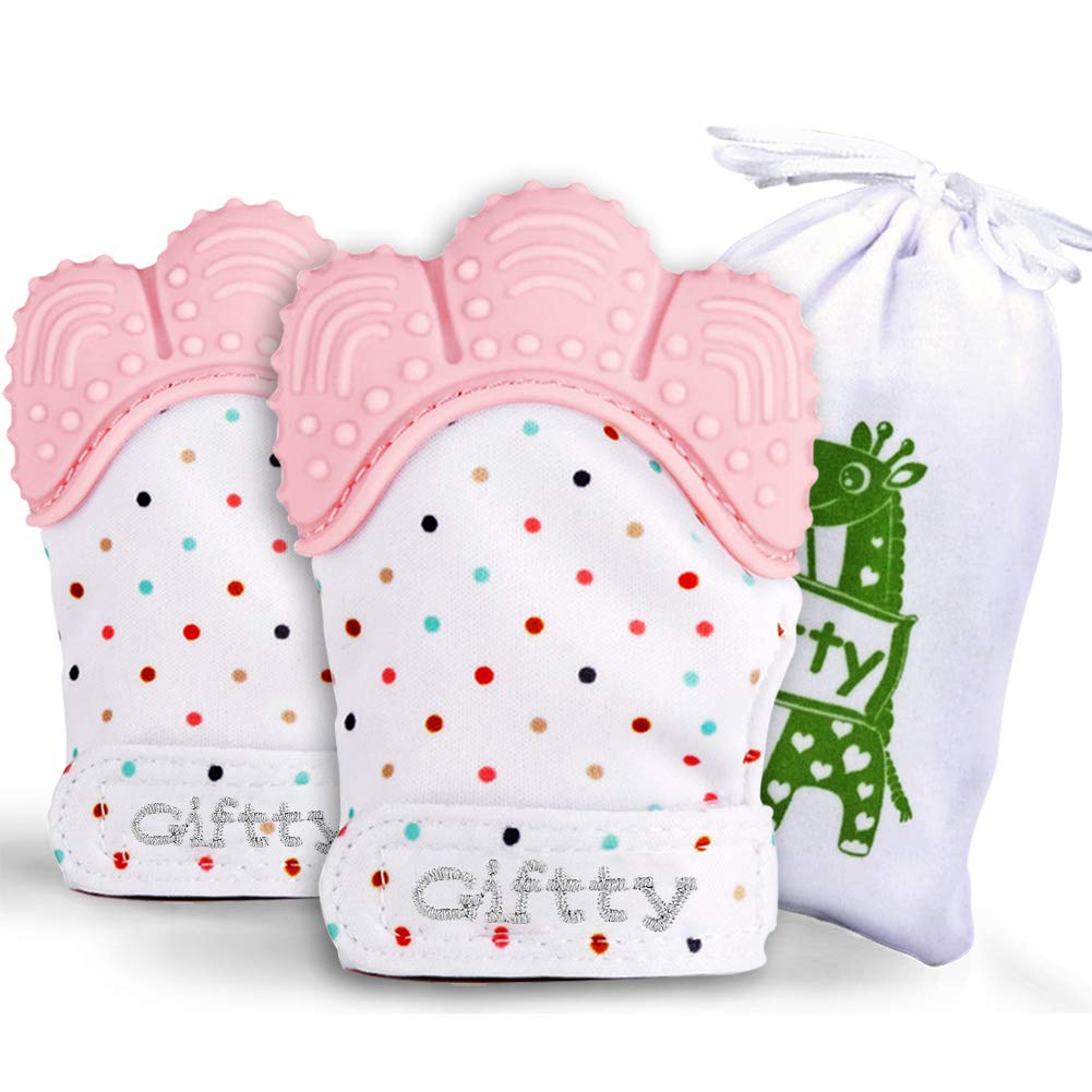 Giftty Baby Teething Mitten, Self-Soothing Teether Glove, Pain Relief Silicone Mitt, Double Breathable, Stay on Baby's Hand, Unisex for Babies 3-12 Months(2 Pink Mittens)