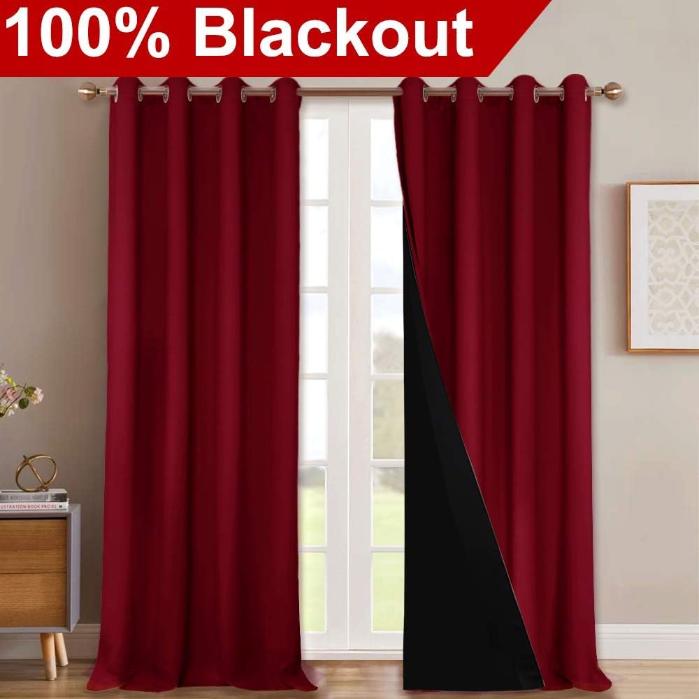 NICETOWN Cold Blocking 100% Blackout Curtains, Durable and Soft Black Lined Blackout Drapes, Energy Saving Decoration for Patio Sliding Glass Door, Burgundy, 52-inch x 108 inches, 2 PCs