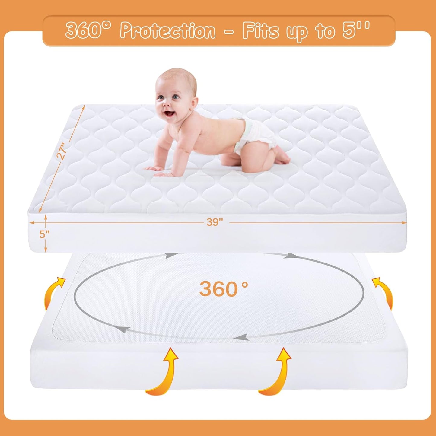 Yoofoss Waterproof Pack and Play Mattress Protector, Quilted Pack and Play Mattress Pad Cover Ultra Soft and Breathable, Playpen/Playard Mattress Sheet for Standard Pack n Play Size 39''x27''-White