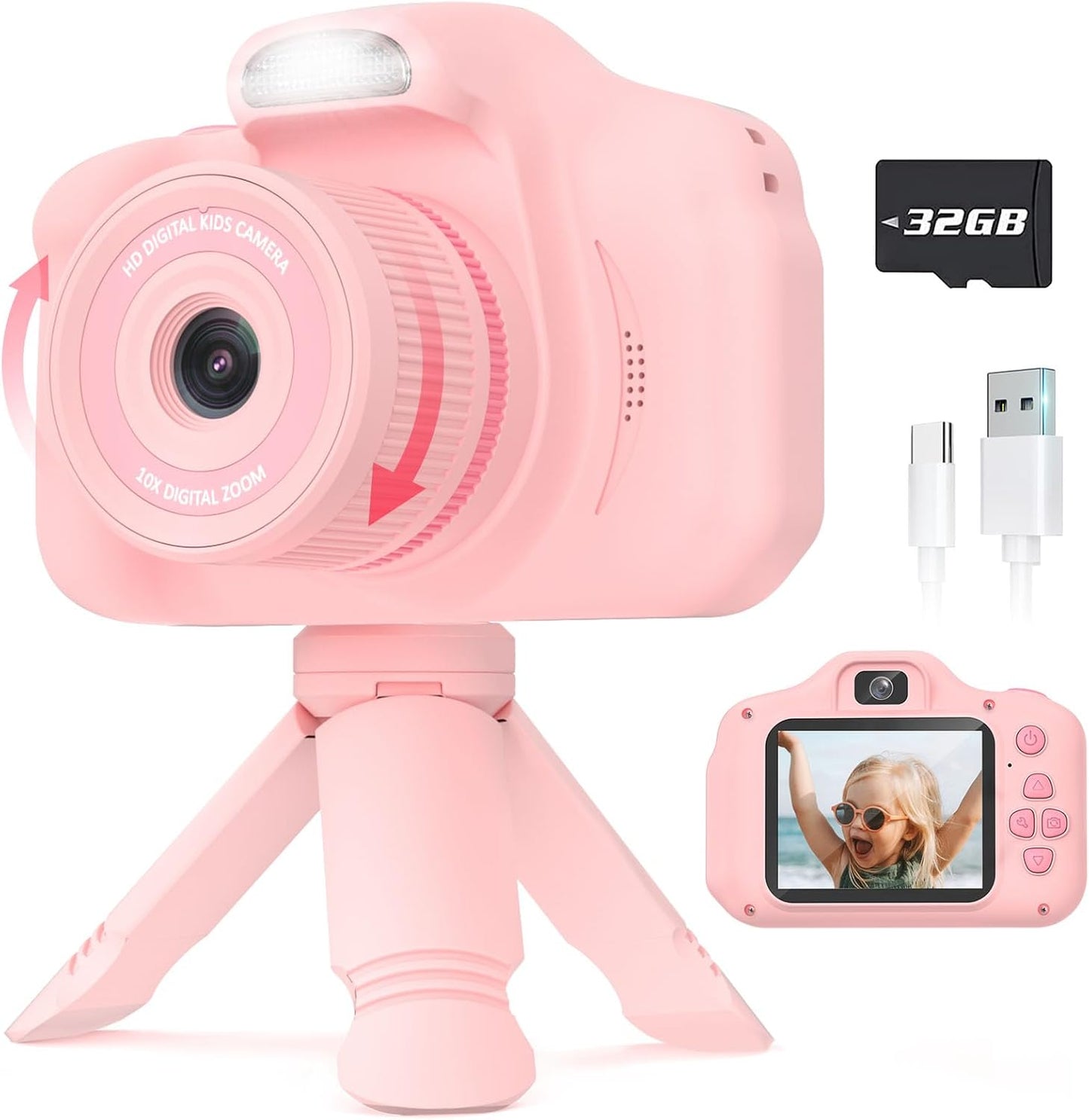 Seckton Upgrade Kids Selfie Camera, Birthday Gifts for 5 6 7 8 9 10 Year Old Girls, HD Digital Cameras for Kids with Flash, 2.4" Portable Camera Toys for 3-12 Year Old Girls-Pink