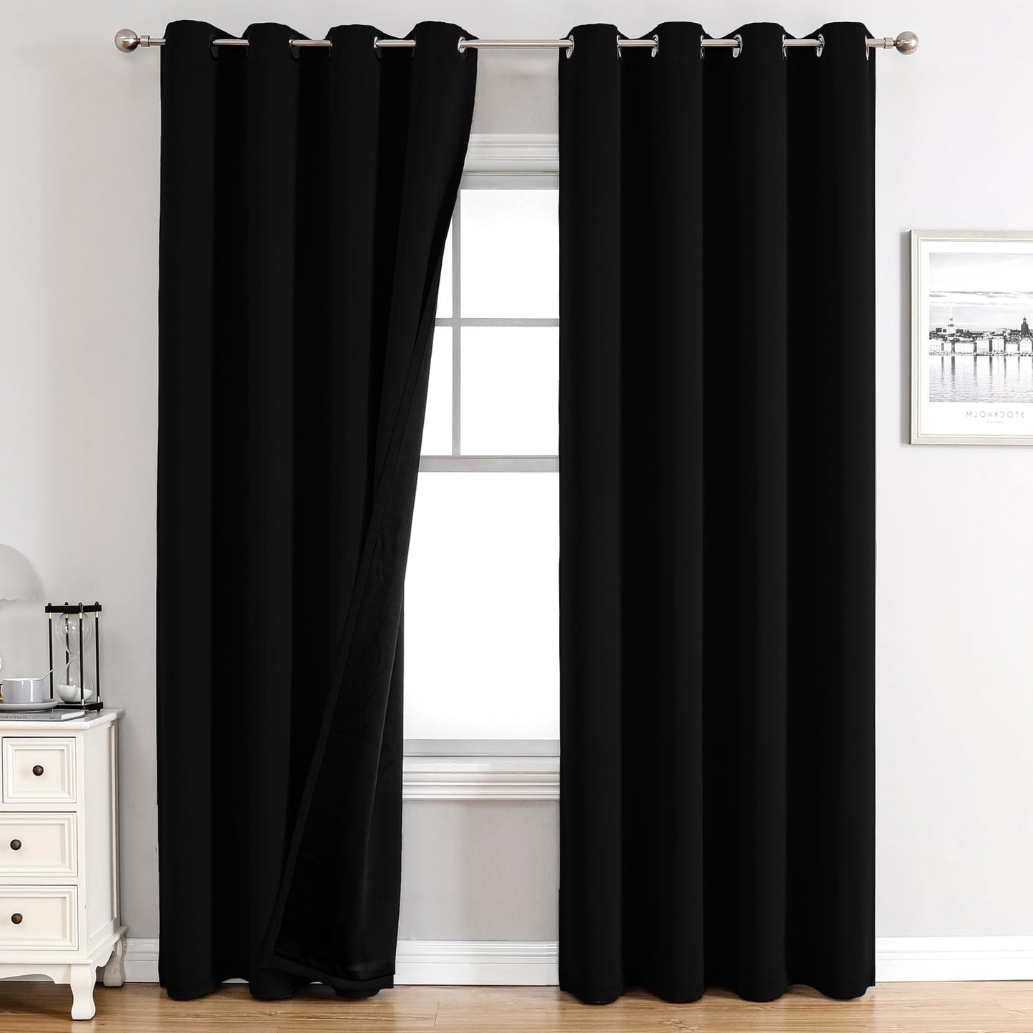 ChrisDowa 100% Blackout Curtains 80 inch Long for Bedroom with Black Liner, 2 Thick Layers Total Blackout Thermal Insulated Grommet Window Curtains 2 Panels Set (Black, 52 x 80 Inch)