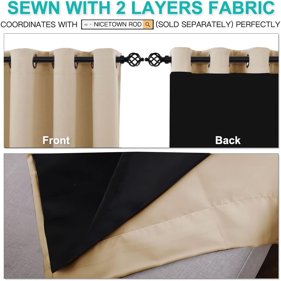 NICETOWN Thermal Insulated 100% Blackout Curtains, Cold Noise Reducing Performance Drapes with Black Lining, Full Light Blocking Panels for Patio (Biscotti Beige, 1 Pair, 70 inches x 95 inches)
