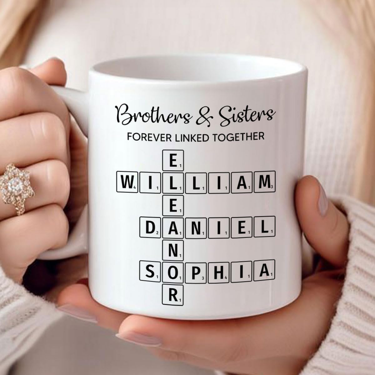 Trending Custom Brothers & Sisters Forever Linked Together Personalized White Mug Brothers Sisters Crossword Puzzle Art Mug, Gift For Brothers, Sisters, Siblings, Family Member on Birthday Christmas