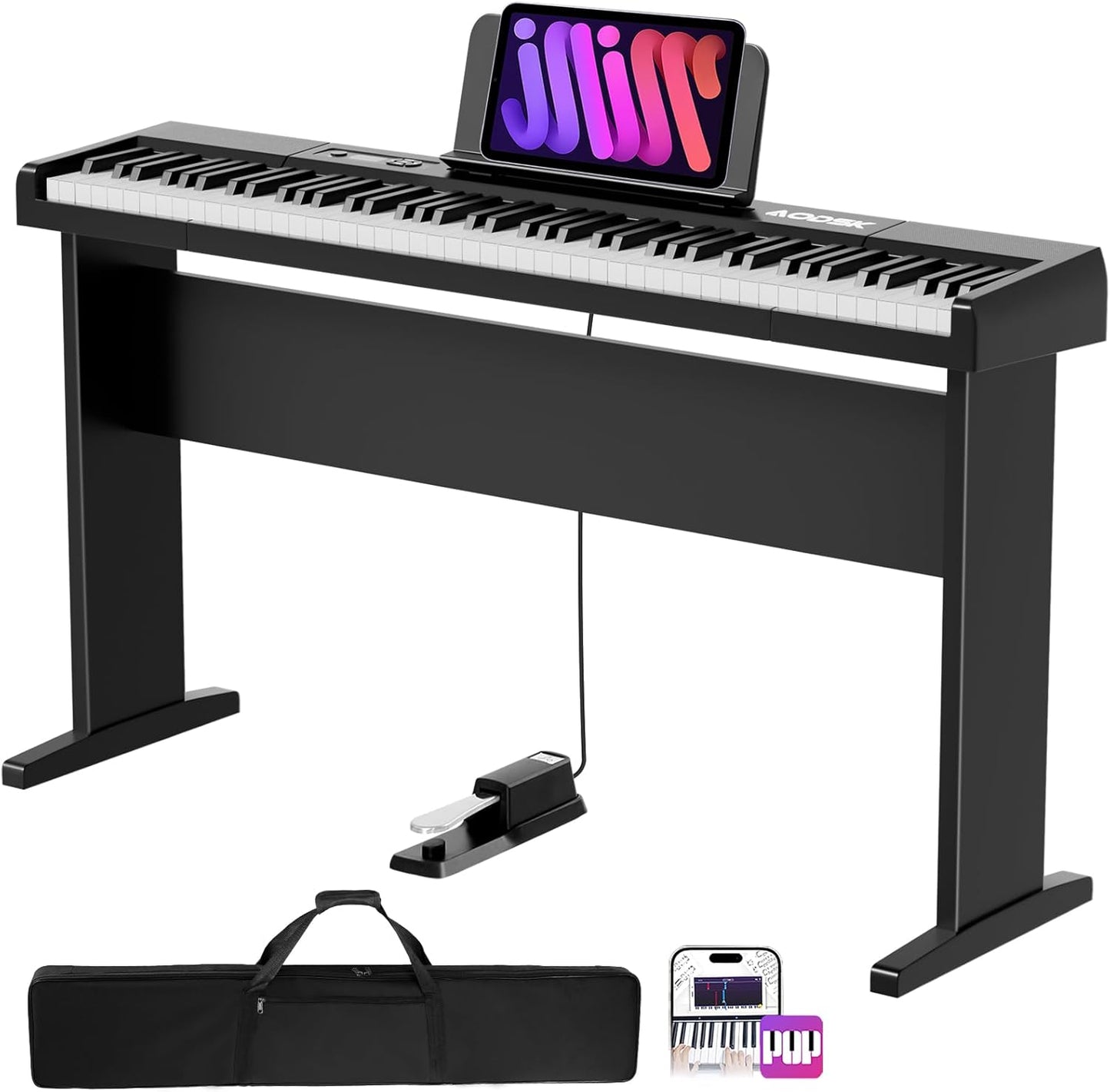 Aodsk 88 Key keyboard piano, Portable Digital Piano with Wooden stand Set for Beginners,128 Tone,128 Rhythm, 20 Demo Song, with Sustain Pedal, Carrying Case, Complimentary Online Piano Lessons