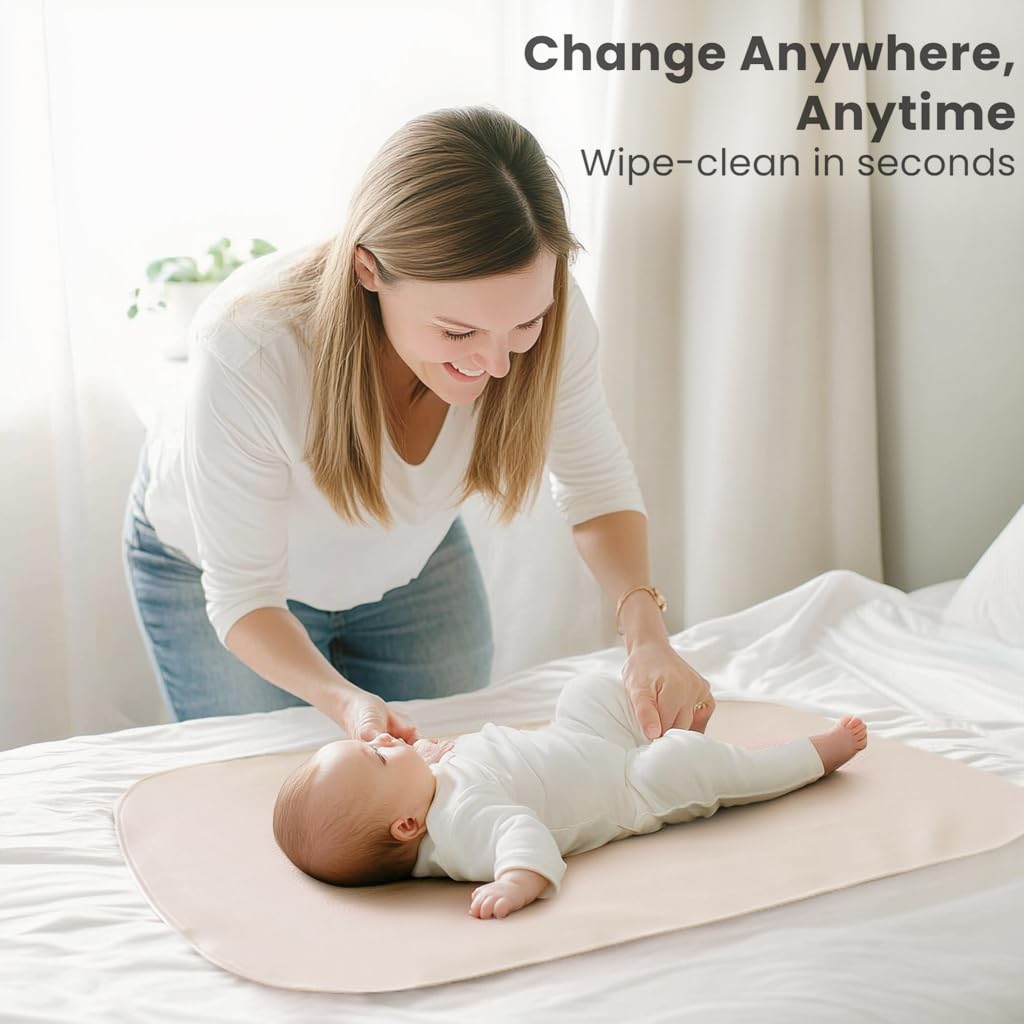Konssy 2 Pack Faux Leather Baby Changing Mat 30"x17", Foldable and Wipeable Portable Changing Pad, Waterproof and Soft for Travel or Home Use (Fog Green,Beige)