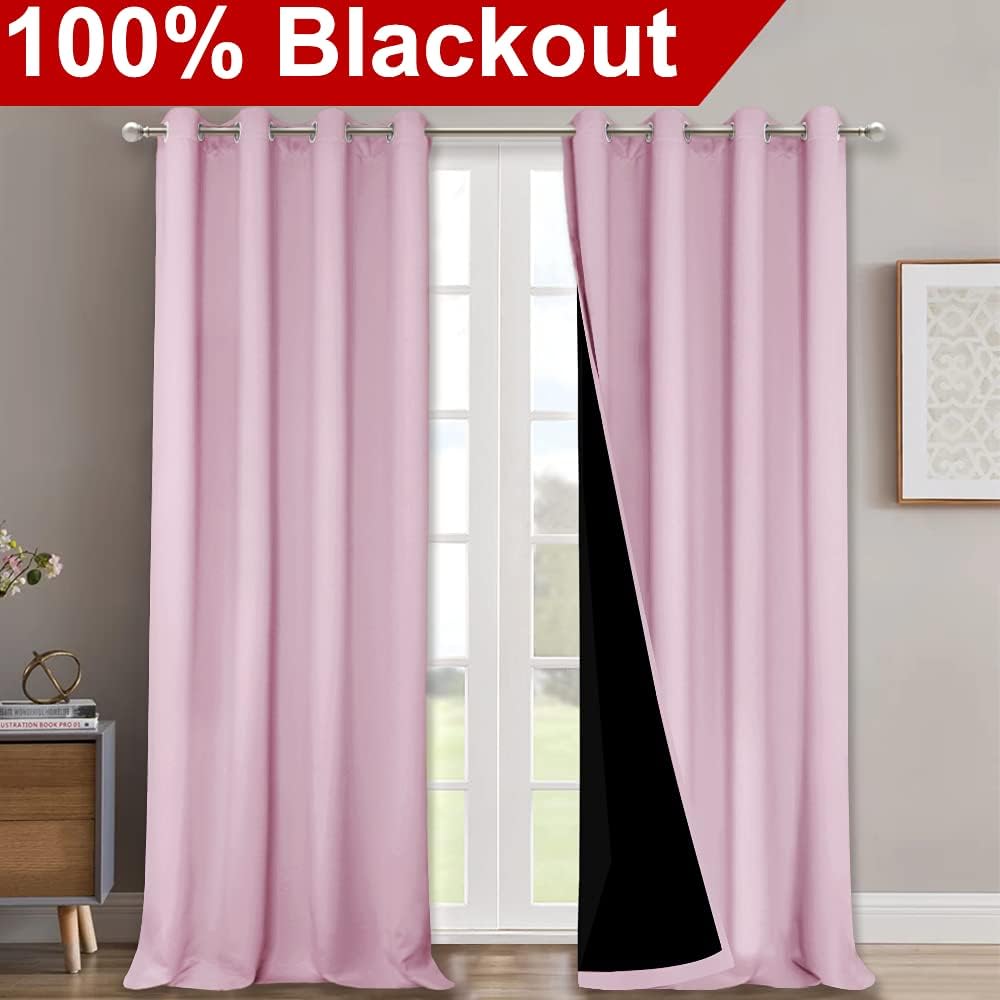 NICETOWN 100% Blackout Blinds, Set of 2, 46" x 96", Baby Pink, Laundry Room Decor Window Treatment Curtains for Large Patio Sliding Door, Thermal Insulated Curtains for Bedroom