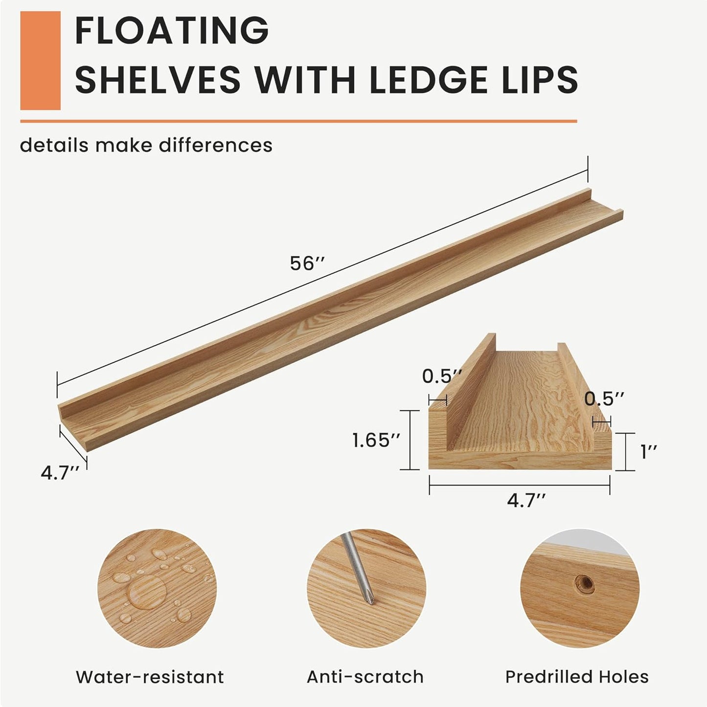 Solid Ash Wood Picture Ledge Shelf, Floating Shelves Set of 2, 56 Inch Long Large Ledge Shelves, Nursery Book Shelves Wall Mounted for Living Room Bedroom Kitchen Decor Kids Bookshelf, Natural