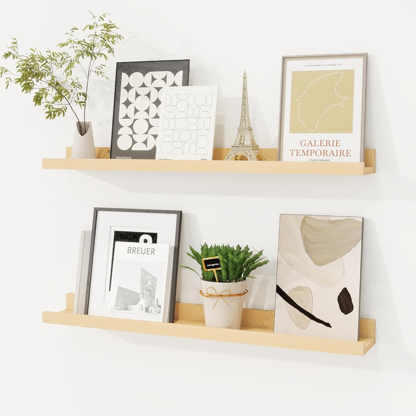 Picture Ledge Shelf, Solid Pine Wood Floating Shelves Set of 2, 24 Inches Nursery Book Shelves for Toys Storage, Kids Bookshelf Wall Mounted for Living Room Decor Photo Frames, Unfinished Natural