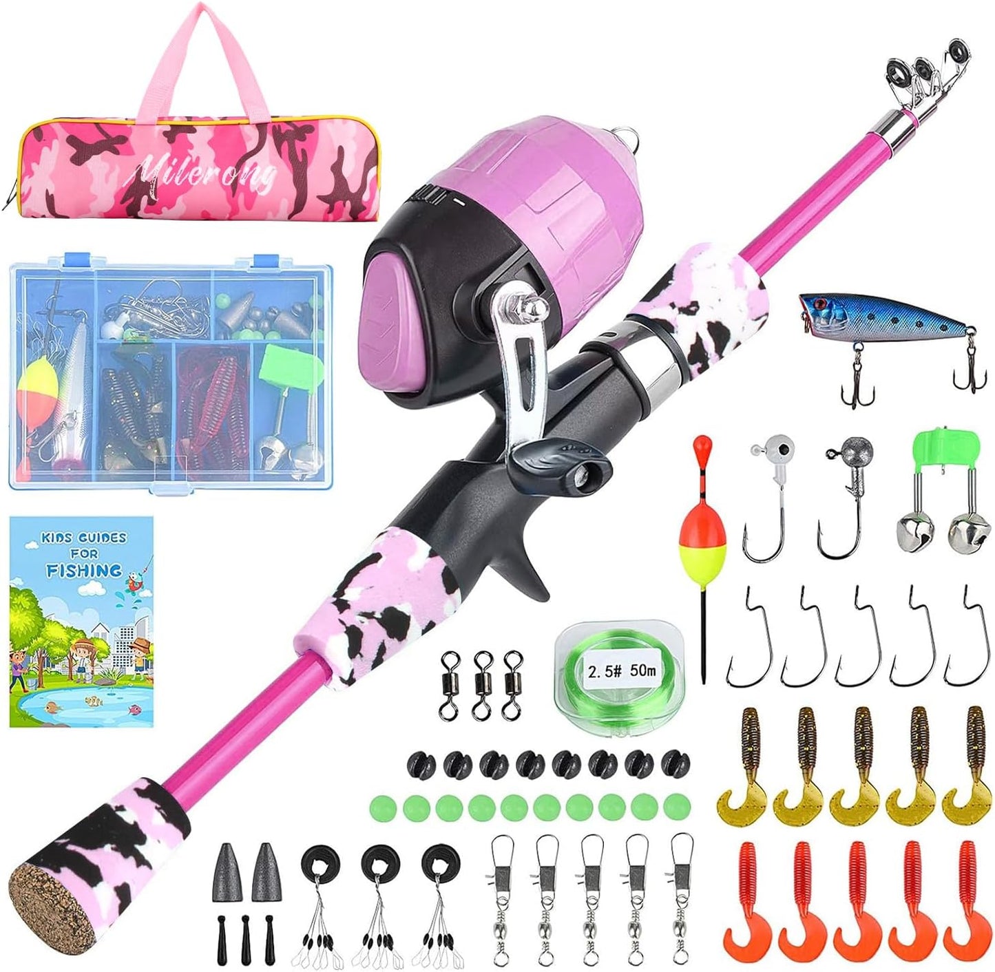 Milerong Kids Fishing Rod, Kids Fishing Pole Portable Telescopic Fishing Rod and Reel Combo Kit for Boys, Girls, Youth - with Spincast Fishing Reel, Fishing Tackles, Fishing Lures, Fishing Lines