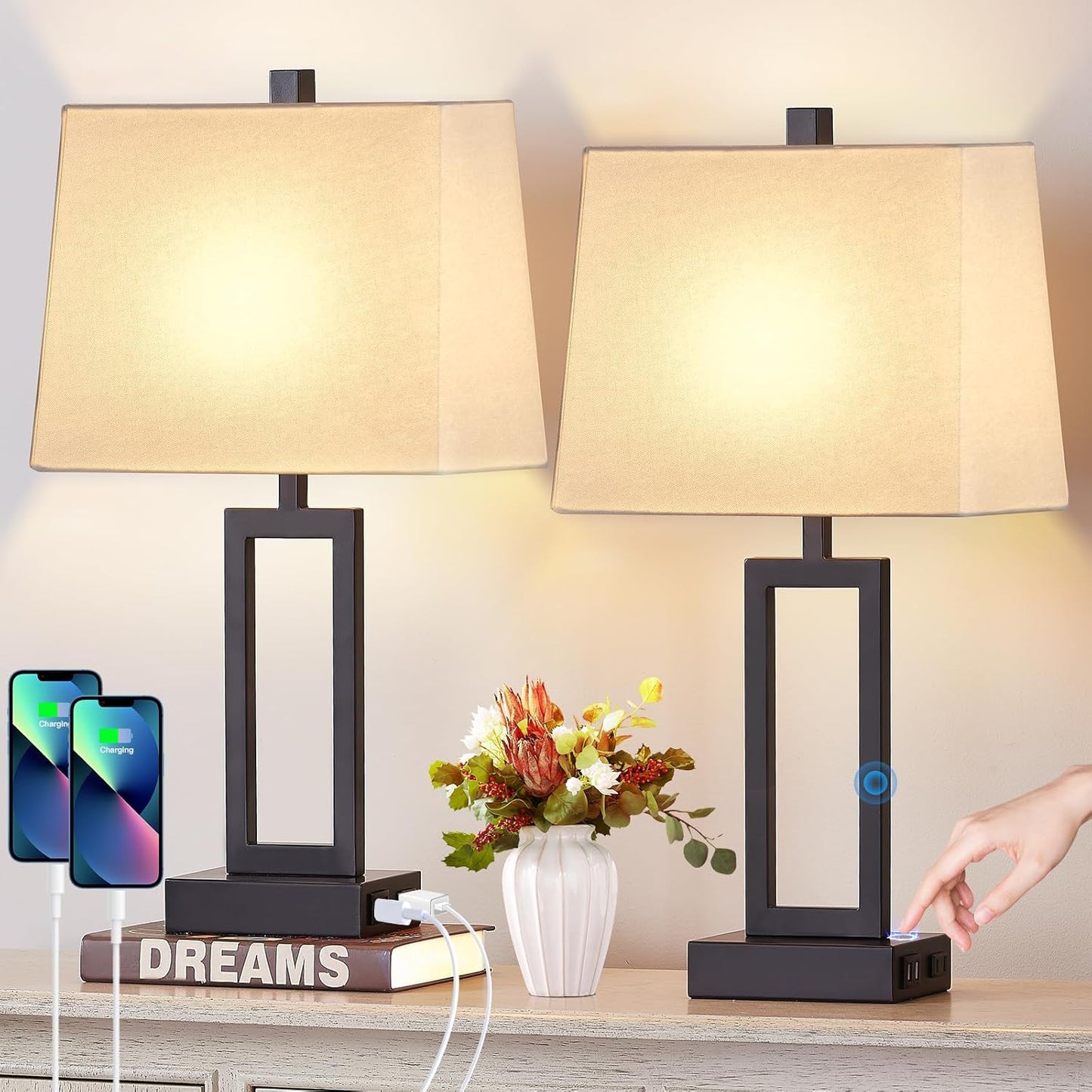 23.5" Touch Control Table Lamps Set of 2, Bedside Lamp with 2 USB Ports & AC Outlet, 3-Way Dimmable Nightstand Lamp with White Linen Shade for Living Room Bedroom End Table Office(2 LED Bulb Included)
