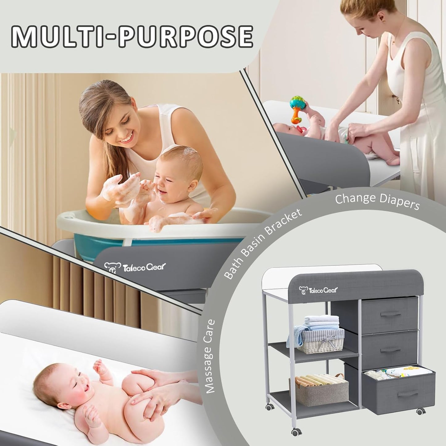 Baby Changing Table, Portable Changing Table, Diaper Changing Station with Waterproof Pad, Changing Table Dresser with 3 Storage Baskets, Mobile Nursery Organizer for Newborn Essentials