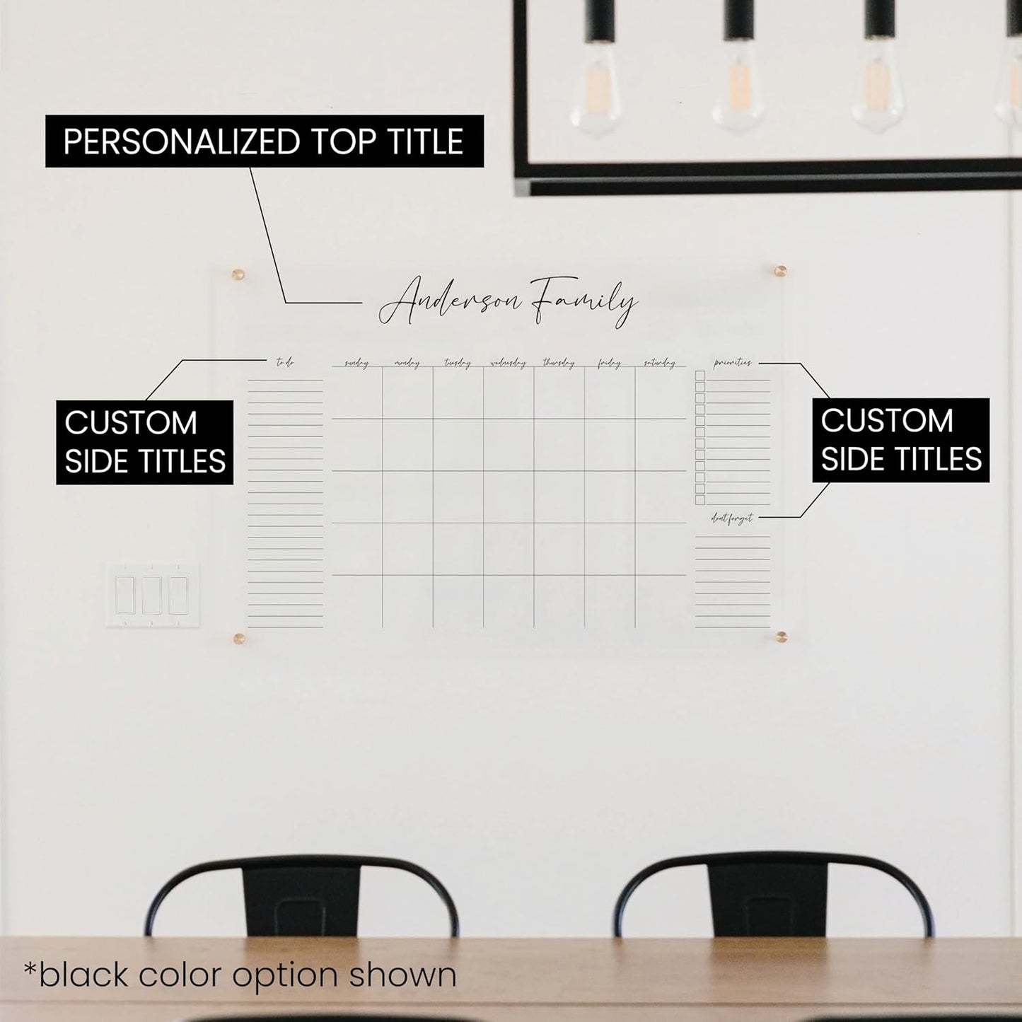 Personalized Clear Acrylic Calendar for Wall, Calendar Whiteboard for Wall, Dry Erase Wall Calendar, Wall Calendar Organizer System for Home (Cursive, Grey, 38"W x 26"H)
